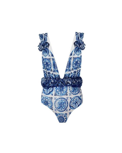 Nur Karaata Blue Palma Bleu Blanc Swimsuit