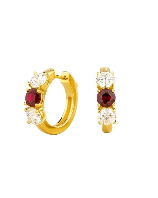 Juvetti Metallic Tres Ruby & Diamond Three-Stone Huggie Hoop Earrings