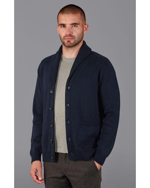 Paul James Knitwear Blue Midweight Cotton Shawl Collar Sebastian Cardigan for men