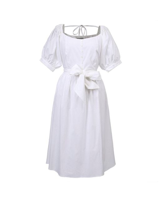 Smart and Joy White Puffy Sleeves Fit-And-Flare Blouse-Dress