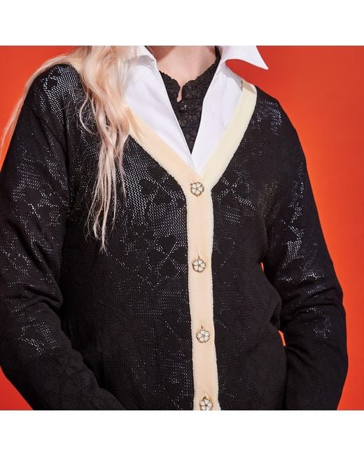 Roch Perel Black Pointelle Floral Stud Cardigan