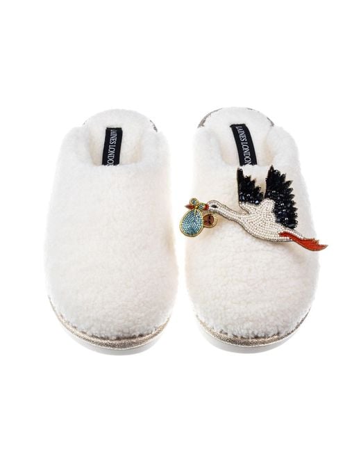 Laines London White Neutrals Cream Teddy Closed Toe Slippers With Baby Boy Stork Brooches
