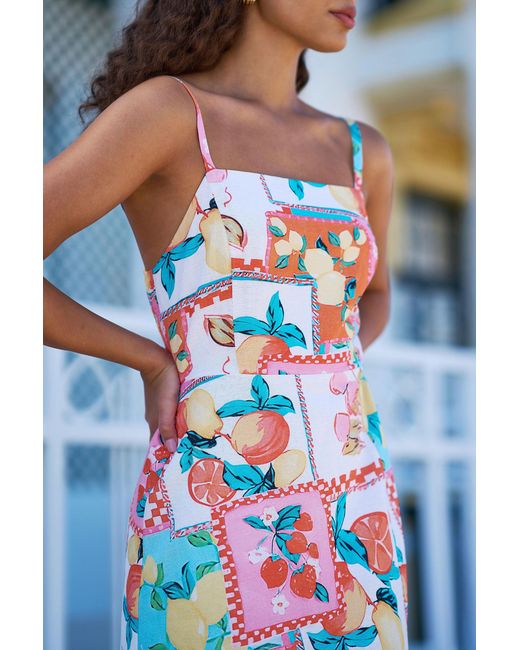 Yumi' White Multicolour Fruit Print Midi Sun Dress Ruched Back