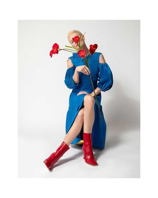 Femponiq Blue Asymmetric Lapel A-Line Cotton Dress