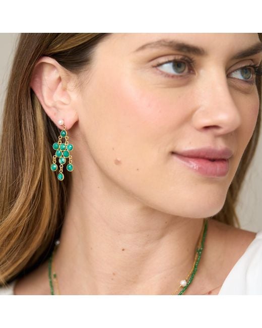 Pearls of the Orient Online Green Clara Cultured Freshwater Pearl Earrings & Emerald Chandelier Earrings