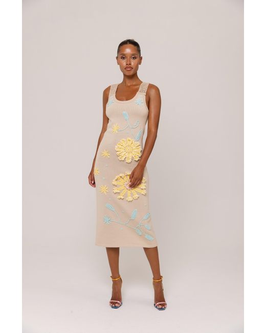 Andreeva Metallic Neutrals Butter Daisy Knit Dress With Handmade Embroidery