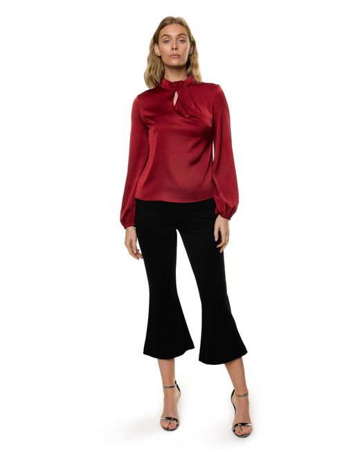 Carloslines Red Draped Mock Neck Long Sleeve Shirt
