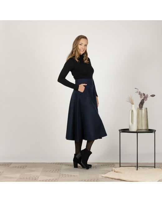 Nikka Place Blue Dark Wool Skirt Below The Knee With High Waist & Pockets