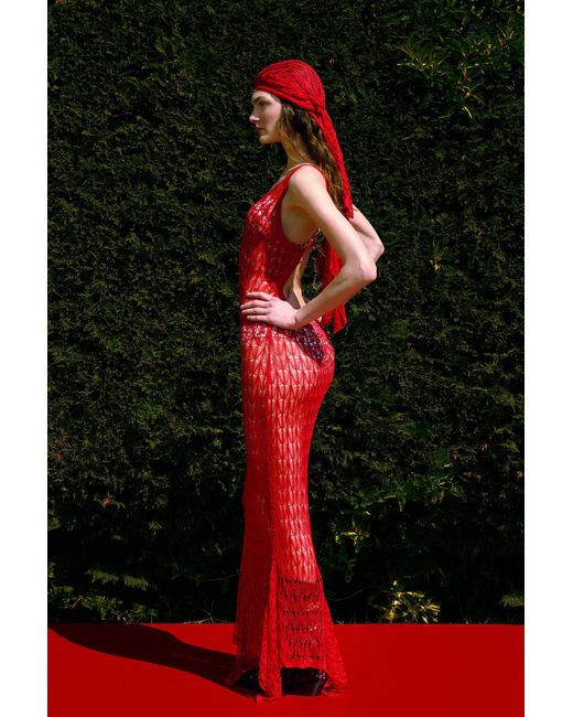 Pcfg Red The Solar Reflections Open Knit Maxi Beach Dress