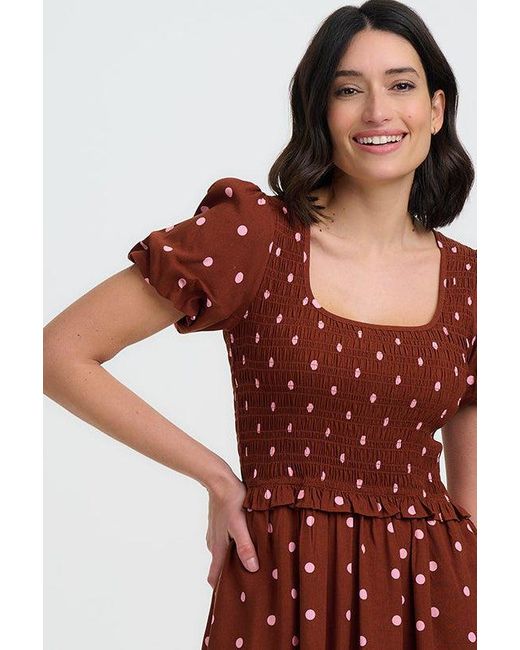 Sugarhill Brown Lyra Shirred Midi Dress, Polka