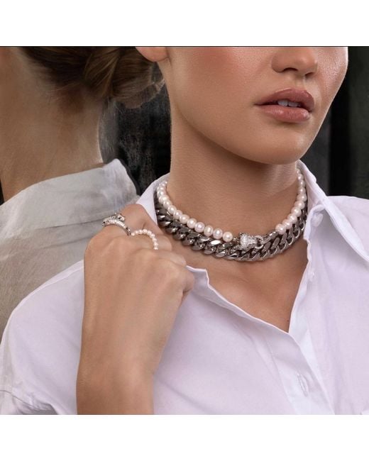 Nialaya Metallic Pearl Choker With Panther Head