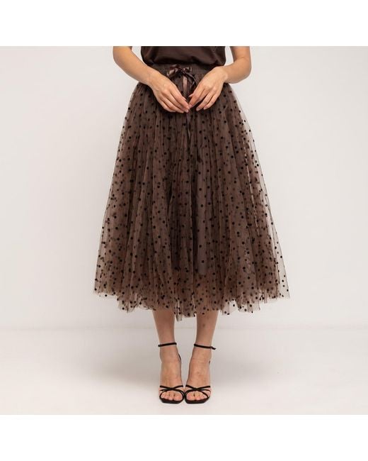 Tantra Spain Sl Brown Polka-Dot Tulle Midi Skirt, A-Line Cut, Elastic Waistband With A Bow