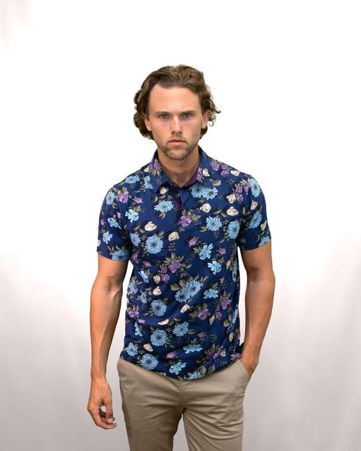 Lords of Harlech Blue Cotton Spandex Floral Polo Shirt for men