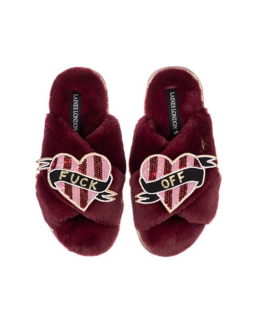 Laines London Red Classic Laines Slippers With & Stripe Heart Fuck Off Brooches