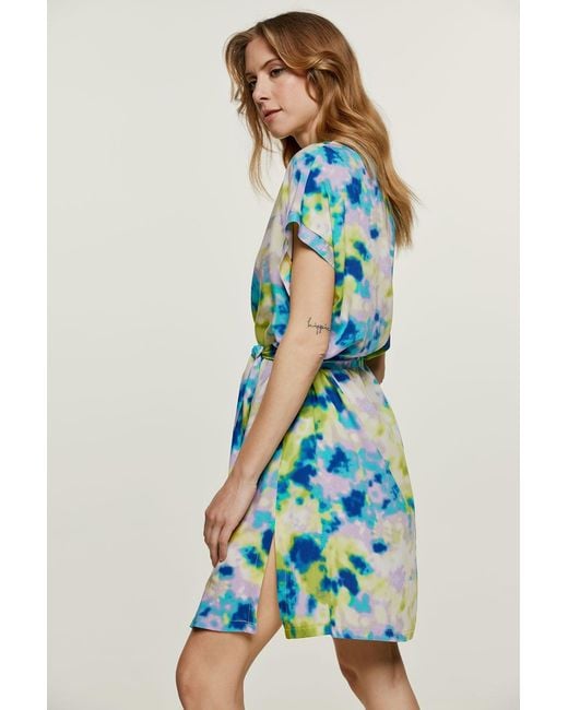 Conquista Blue Abstract Print Dress With Slits