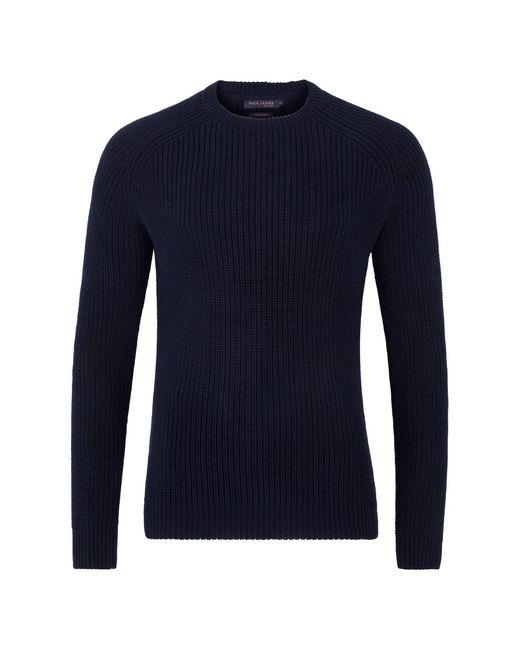 Paul James Knitwear Blue Cotton Clark Fisherman Rib Knit Jumper for men