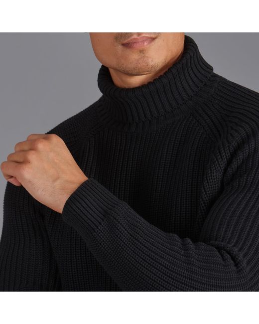 Paul James Knitwear Blue Cotton Jacob Fisherman Rib Knit Roll Neck Jumper for men