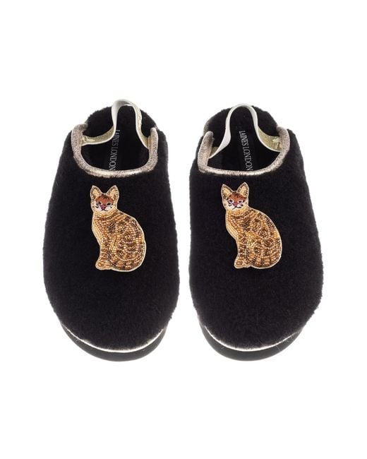 Laines London Black Flatform Cloud Slippers With Double Bengal Cat Brooches