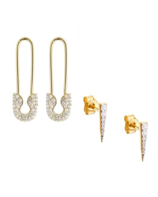 Spero London Metallic Long Pave Dagger Stud & Pave Safety Pin Earring Set