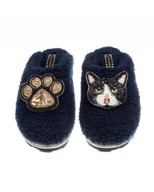 Laines London Blue Teddy Closed Toe Slippers With Oreo Cat & Paw Brooches