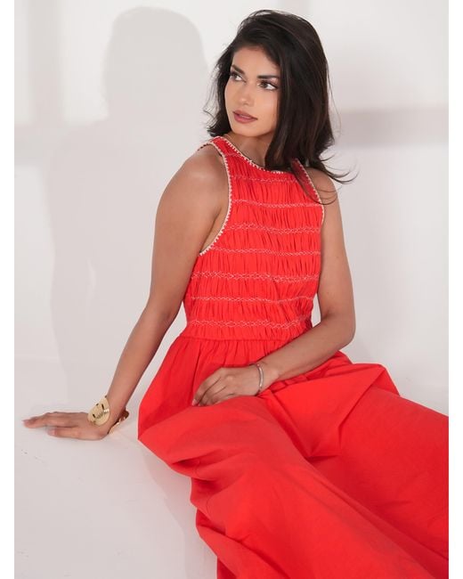 Rose & Nancy Red Issy Smocked Cotton Maxi Dress