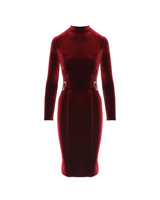 ROSERRY Red Cut Out Velvet Midi Dress In Burgundy