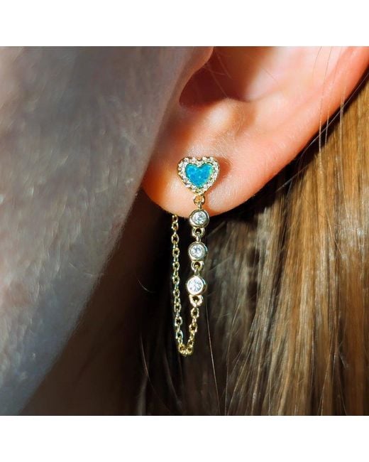 KAMARIA Blue Heart Chain Stud Earrings With Crystals