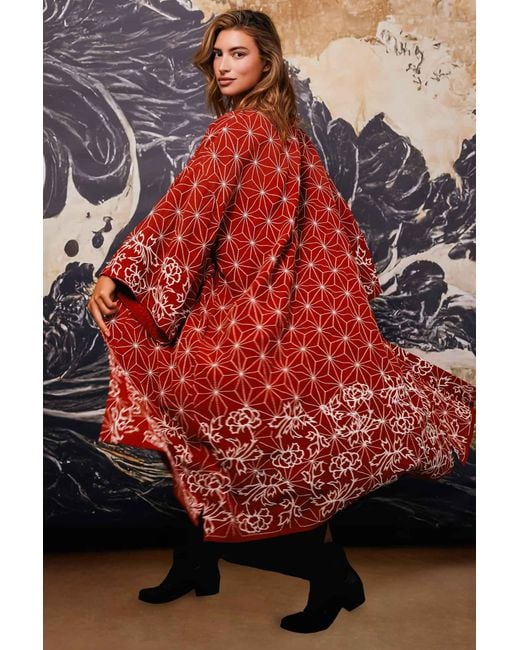 Artemis Muse Asanoha & Peony Embroidered Terracotta Fully Lined Long Kimono