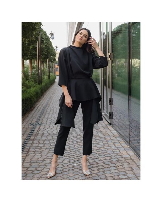concept A trois Black Elegant Top With Peplum And Pleats With Sequined Details