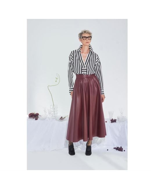 Julia Allert Purple Full Flare High Waist Faux Leather Skirt – Burgundy