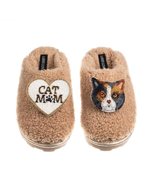 Laines London Metallic Neutrals Teddy Closed Toe Slippers With Cat Mum/Mom & British Shorthair Cat Brooches