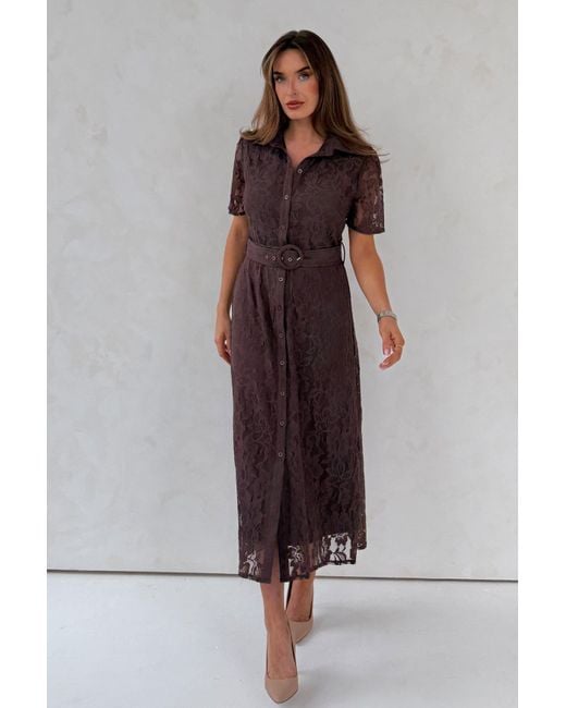 Girl In Mind Brown Tansy Short Sleeve Lace Shirt Dress
