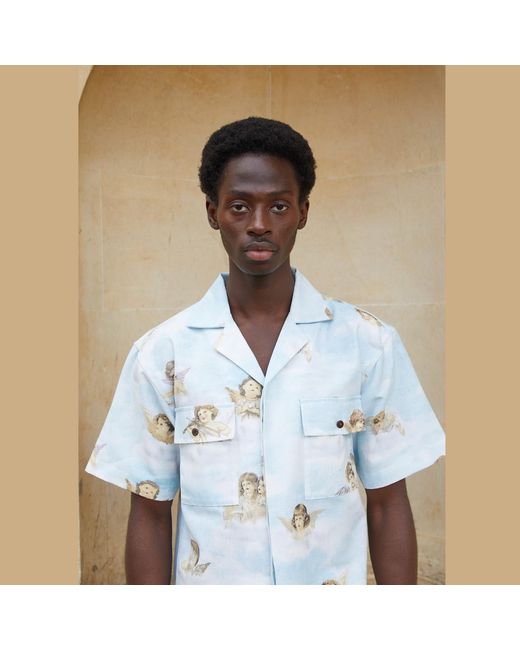 Quillattire Blue Boujee Sky-Cupid Printed Boxy Shirt for men