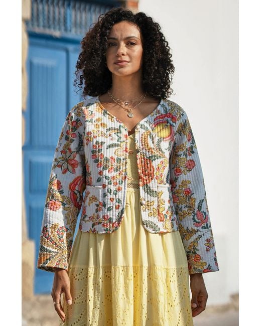 Yumi' White Boho Print Cotton Reversible Quilted Jacket