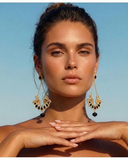 ADIBA Metallic Pharaoh Lotus Royale Onyx Earrings