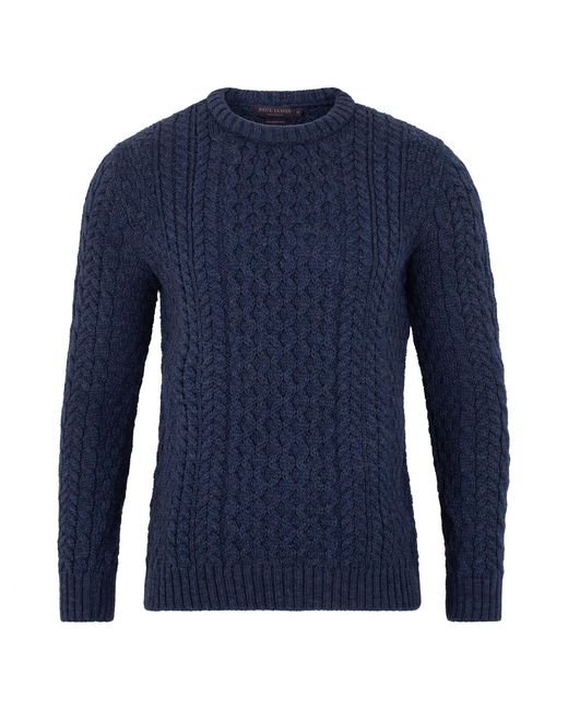 Paul James Knitwear Blue Fisherman's British Wool Johnson Cable Jumper for men