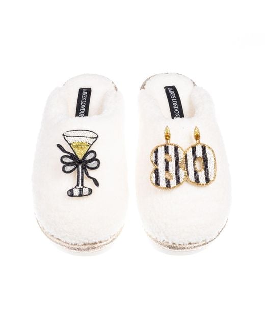 Laines London White Teddy Closed Toe Slippers With Stripe 80Th Birthday & Champagne Glass Brooches