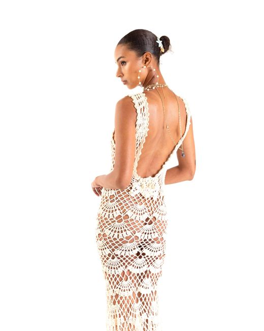 Andreeva White Neutrals Pearl Handmade Maxi Crochet Dress