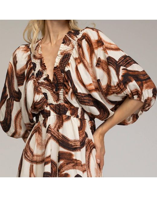 Tantra Spain Sl Brown Maxi Print Dress With Puffed Sleeves, Ruffled V-Neck