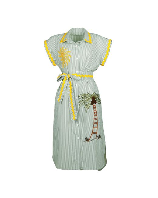 Lalipop Design Green Pinstripe Cotton Shirtdress With Sun & Palm Tree Embroidery
