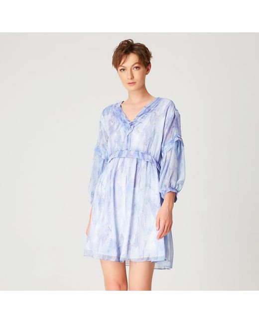 Smart and Joy Blue Short Trapeze Chiffon Dress With Abstract Print