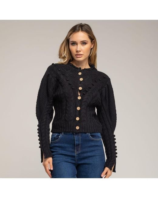 Tantra Spain Sl Black Crochet Knit Jacket With Pom-Pom And Flower Details