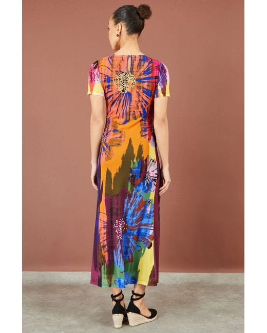 Yumi' Blue Multicolour Abstract Floral Mesh Midi Dress