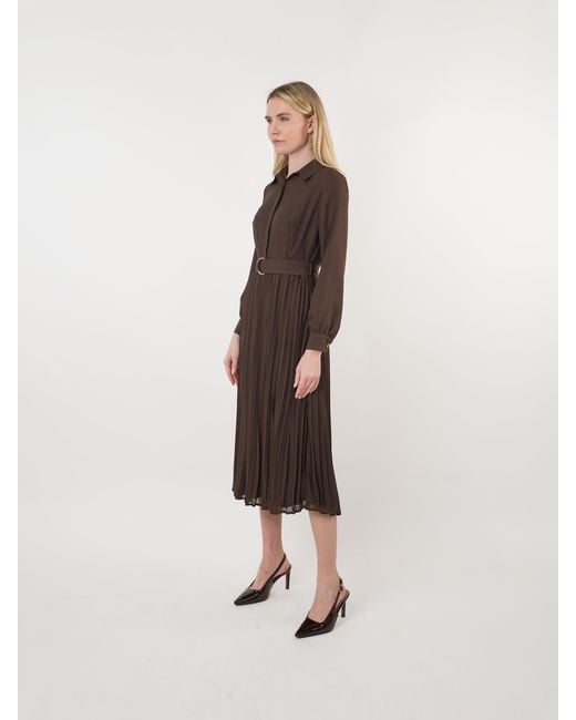 John Abgin Brown Chiffon Belted Pleated Midi Shirt Dress