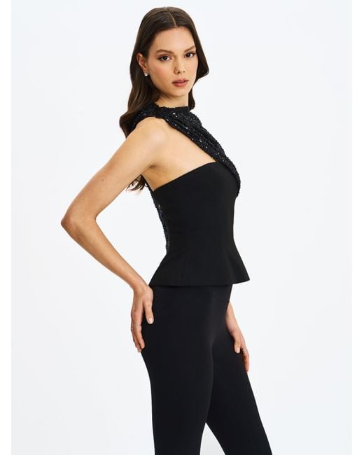 Miss Circle New York Black Quinette Peplum Top With Beaded Asymmetrical Cape