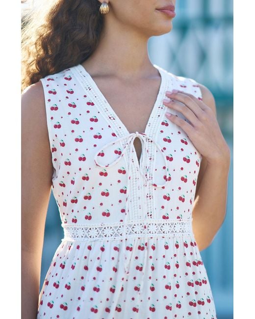 Yumi' White Cherry Print Lace Trim Cotton Midi Dress