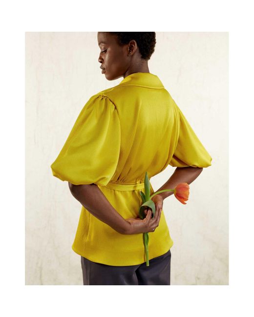 Femponiq Yellow Draped Puff Sleeve Satin Blouse
