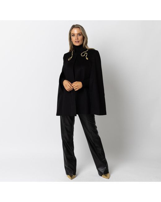 Laines London Black Laines Couture Wool Blend Cape With Embellished Wrap Around Snake