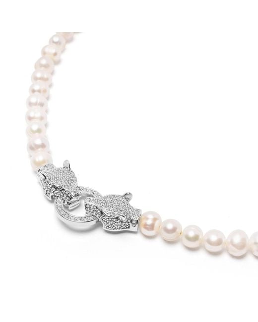 Nialaya Metallic Pearl Choker With Double Panther Head