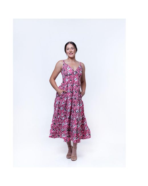House of Gl Pink Elira Cotton Sweetheart Neckline Midi Dress With Smocked Back
